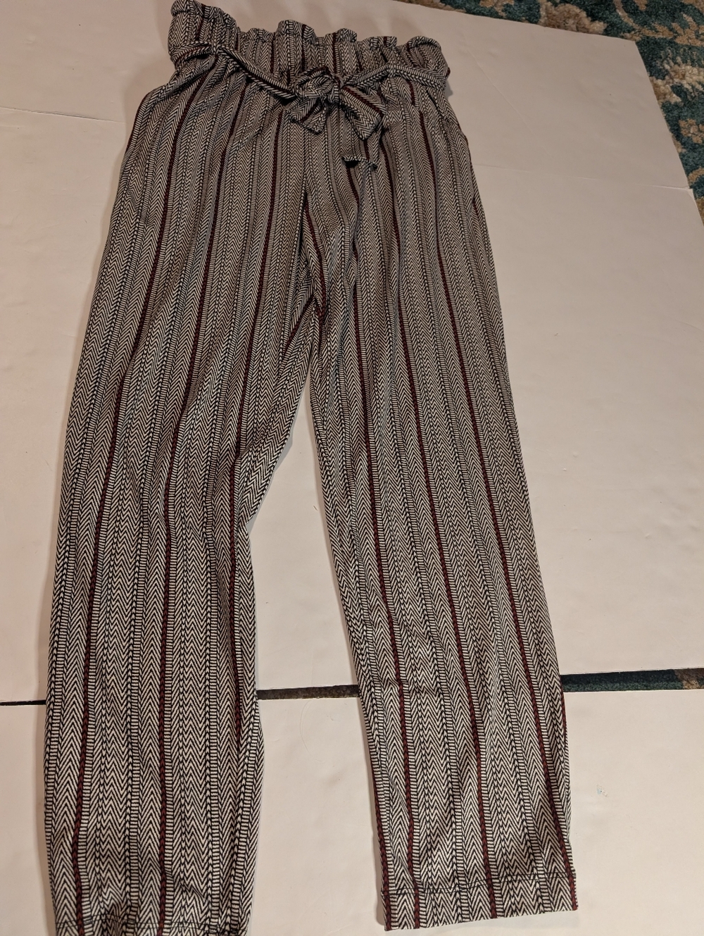 Joe Benbasset Black, White & Burgundy Chevron Stripe Trousers Medium
